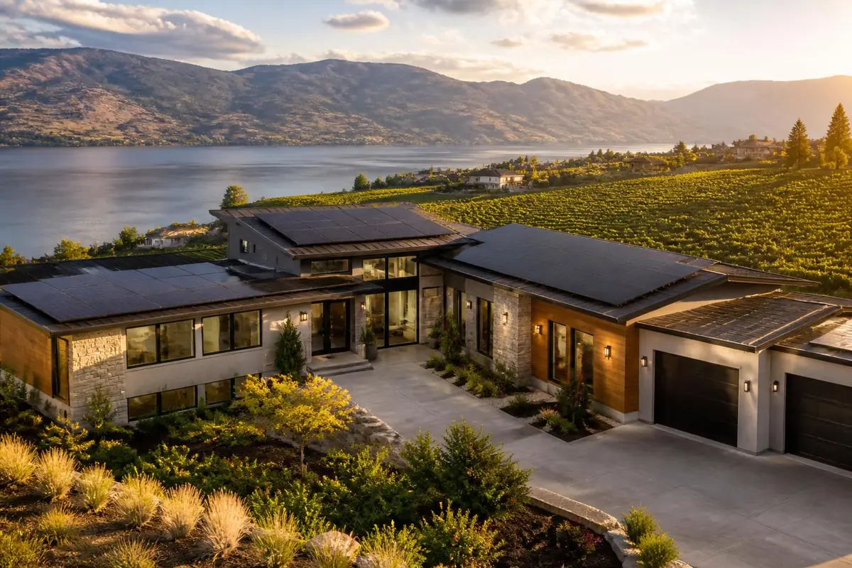 Luxury Okanagan home with rooftop solar panels
